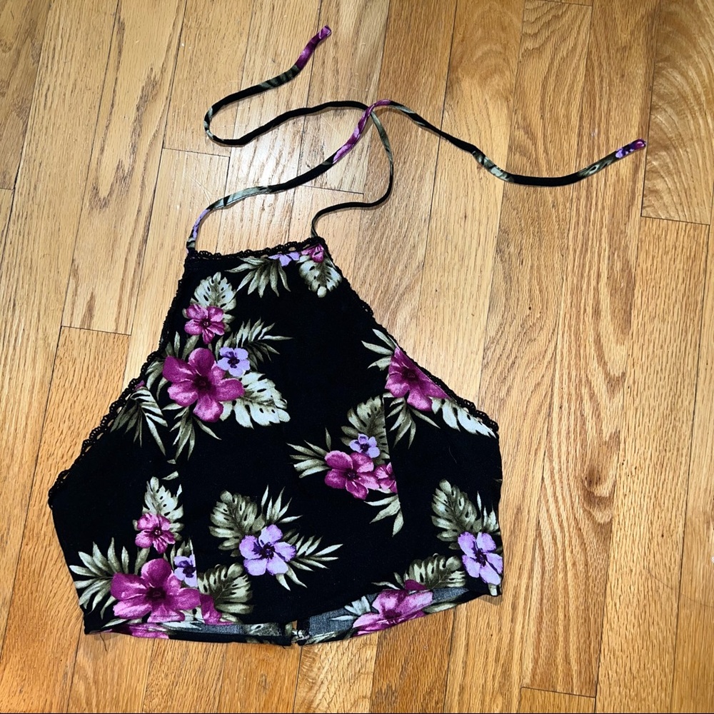 Black floral tie neck halter top